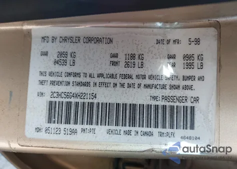 1999 Chrysler Lhs z USA, uszkodzony, nr VIN 2C3HC56G4XH221154